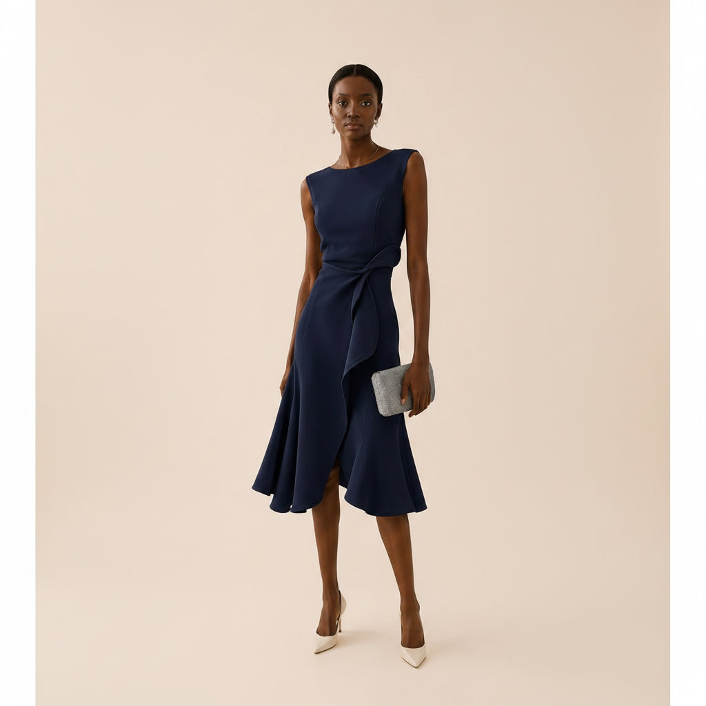 Vestido Midi Sin Mangas con Volante Asimétrico