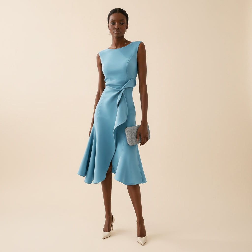 Vestido Midi Sin Mangas con Volante Asimétrico