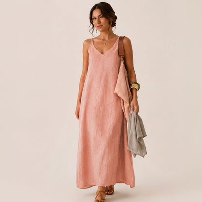 Vestido Largo Escote en V | Lino y Algodón