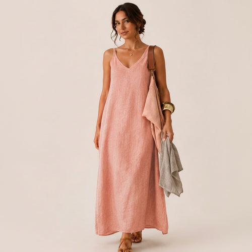 Vestido Largo Escote en V | Lino y Algodón