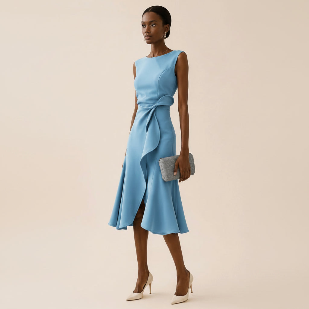 Vestido Midi Sin Mangas con Volante Asimétrico