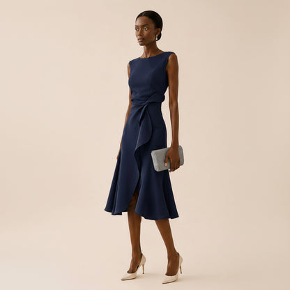 Vestido Midi Sin Mangas con Volante Asimétrico