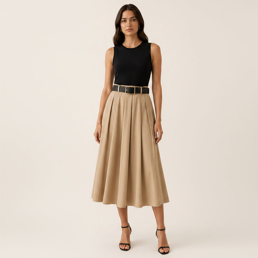 Vestido Midi Plisado con Cinturón