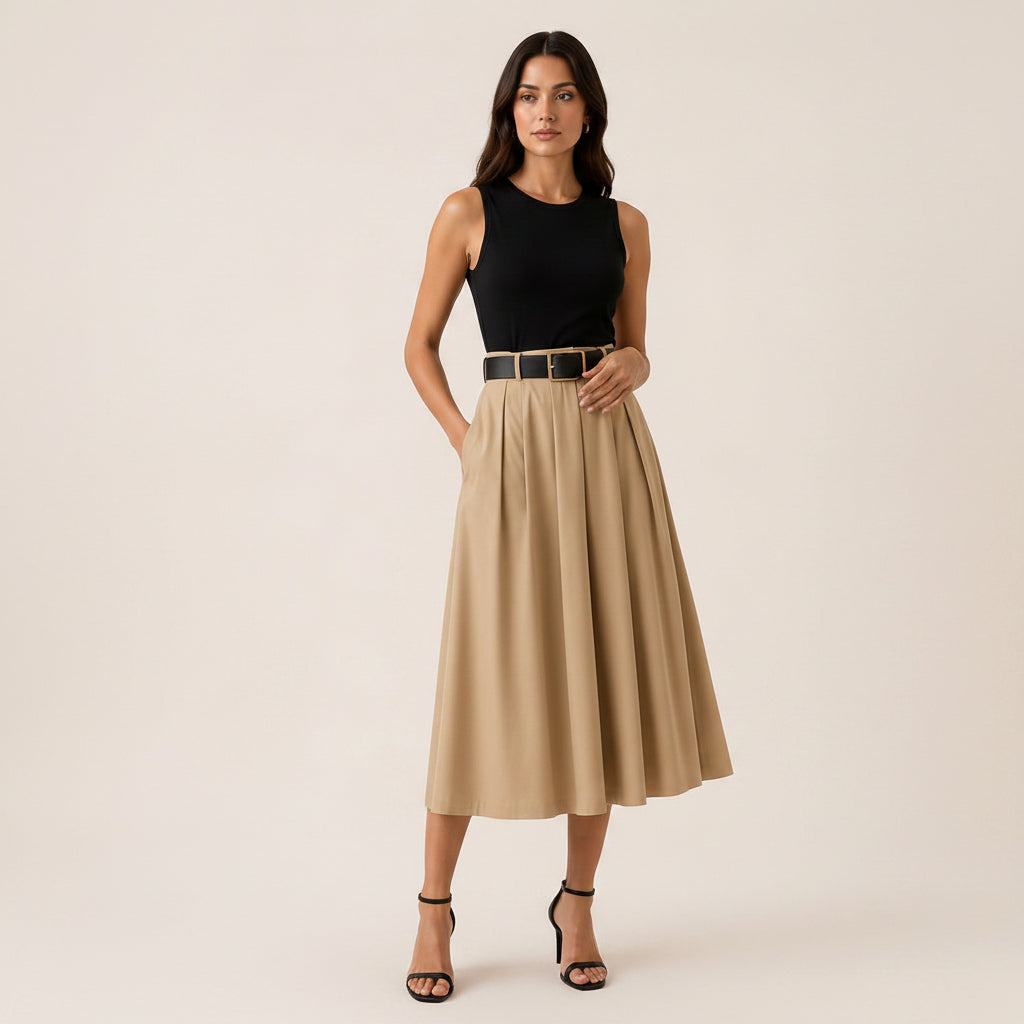 Vestido Midi Plisado con Cinturón