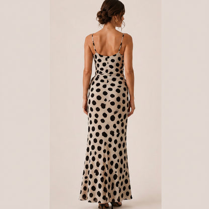 Vestido Largo de Lunares con Tirantes y Lazo en la Cintura