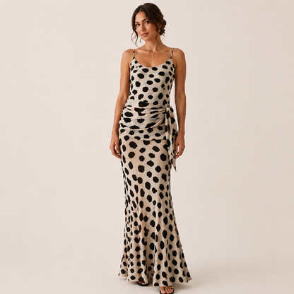 Vestido Largo de Lunares con Tirantes y Lazo en la Cintura