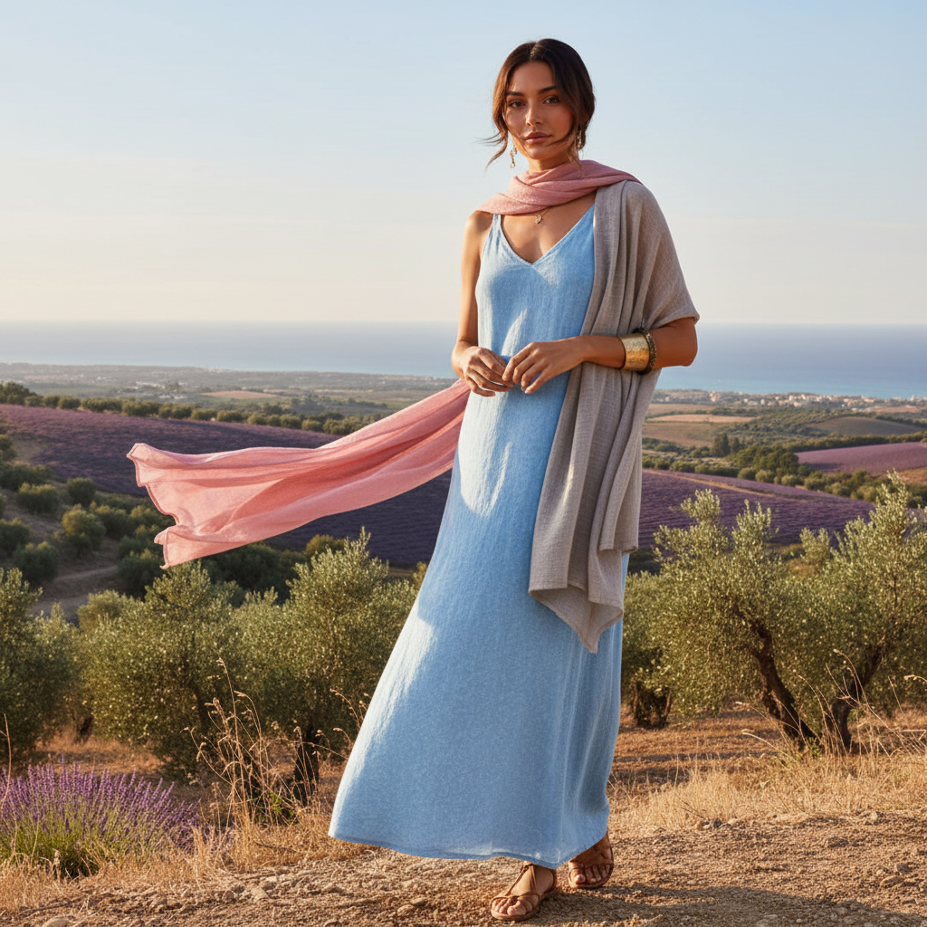 Vestido lino azul paisaje mediterráneo